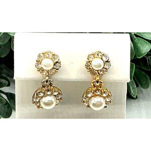 Vintage Gold-Tone Faux Pearl and Rhinestone Dangle Earrings